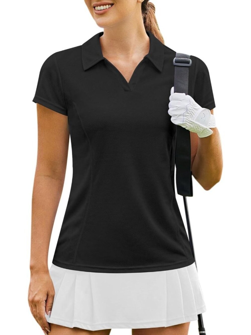 Womens Black Golf Shirt Short Sleeve Quick Dry V-Neck Tennis Tops Fit